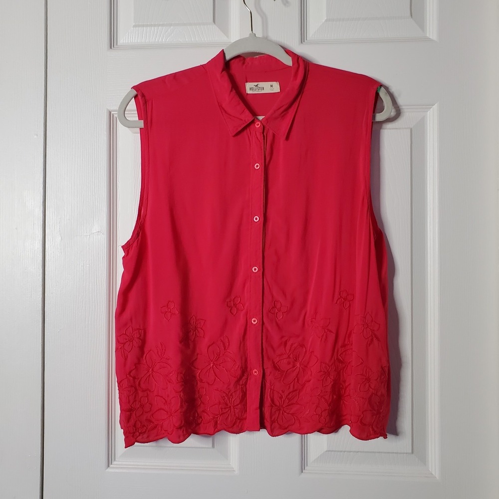 Hollister Sleeveless Button-Down Blouse Pink Embroidered Preppy Festival Boho MD